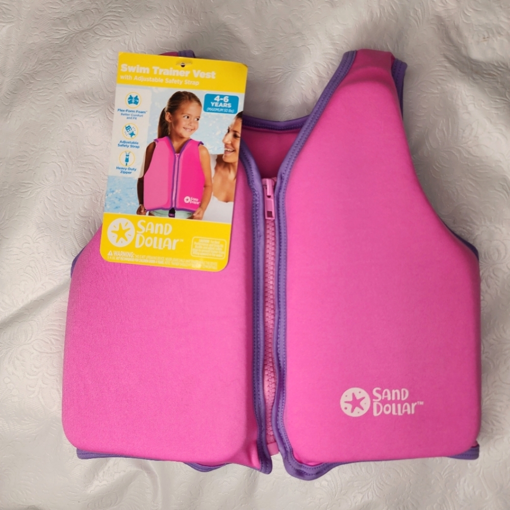Swim Trainer Vest Age 4-6 Up to 50lbs Pink With Safety Strap by Sand Dolphin NWT